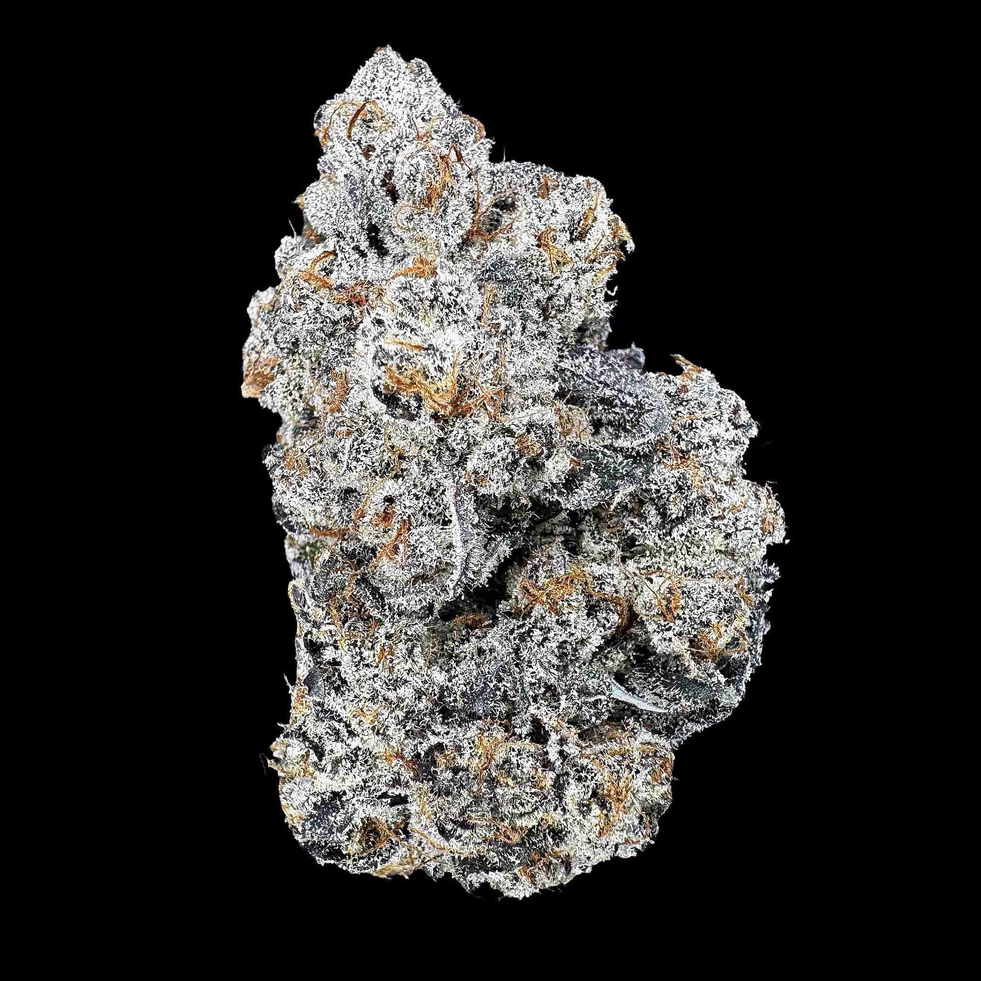Close up of one dried bud of Candy Flip strain high thca premium top shelf legal weed. A hemp flower with potent crystals and high terpenes on a black background. The smell is hard candy and skunky fuel.